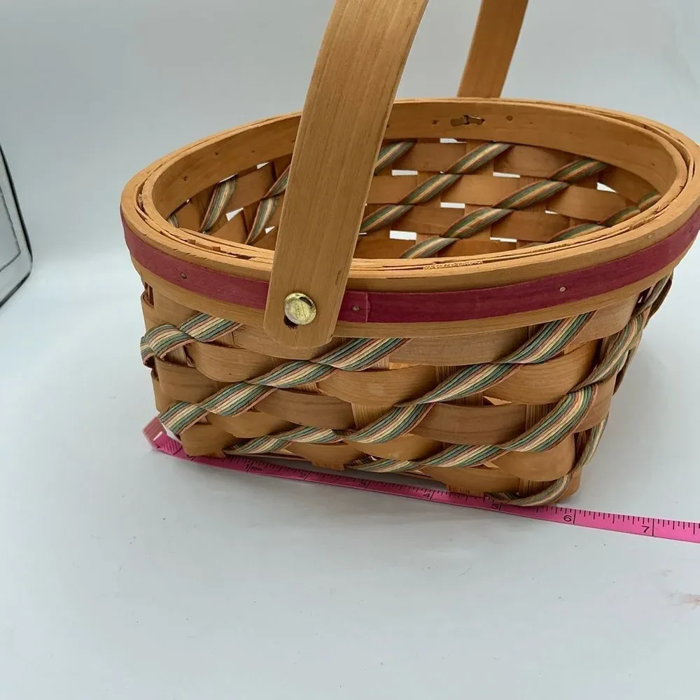 Striped Handwoven Round Basket Hinged Handle Pink/Green
